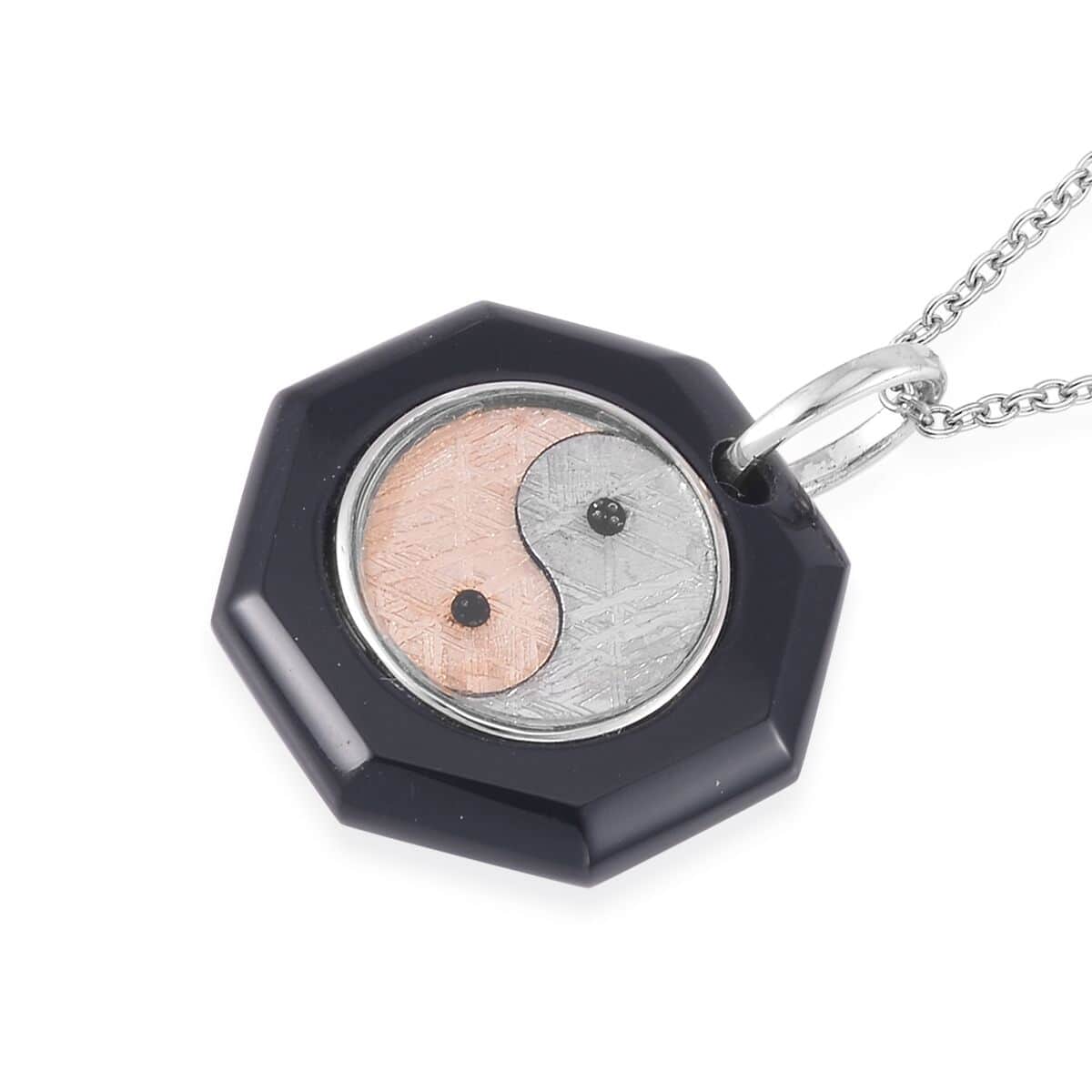 Marvelous Meteorite and Black Agate Yin and Yang Octagon Pendant in Sterling Silver with Stainless Steel Necklace 20 Inches 28.00 ctw image number 3