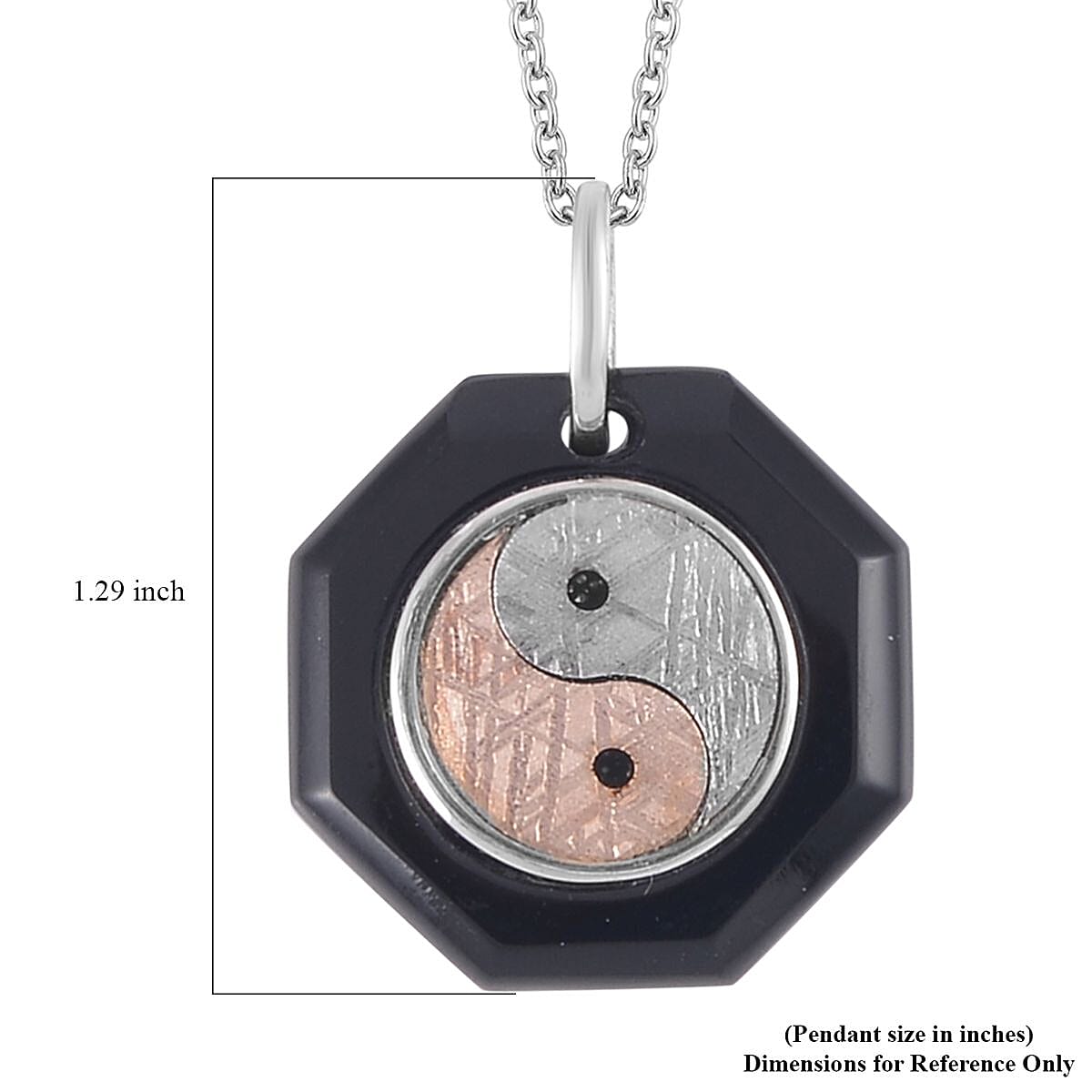 Marvelous Meteorite and Black Agate Yin and Yang Octagon Pendant in Sterling Silver with Stainless Steel Necklace 20 Inches 28.00 ctw