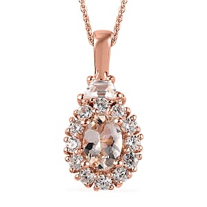 Marropino Morganite and White Zircon Halo Pendant Necklace 20 Inches in Vermeil Rose Gold Over Sterling Silver 1.15 ctw