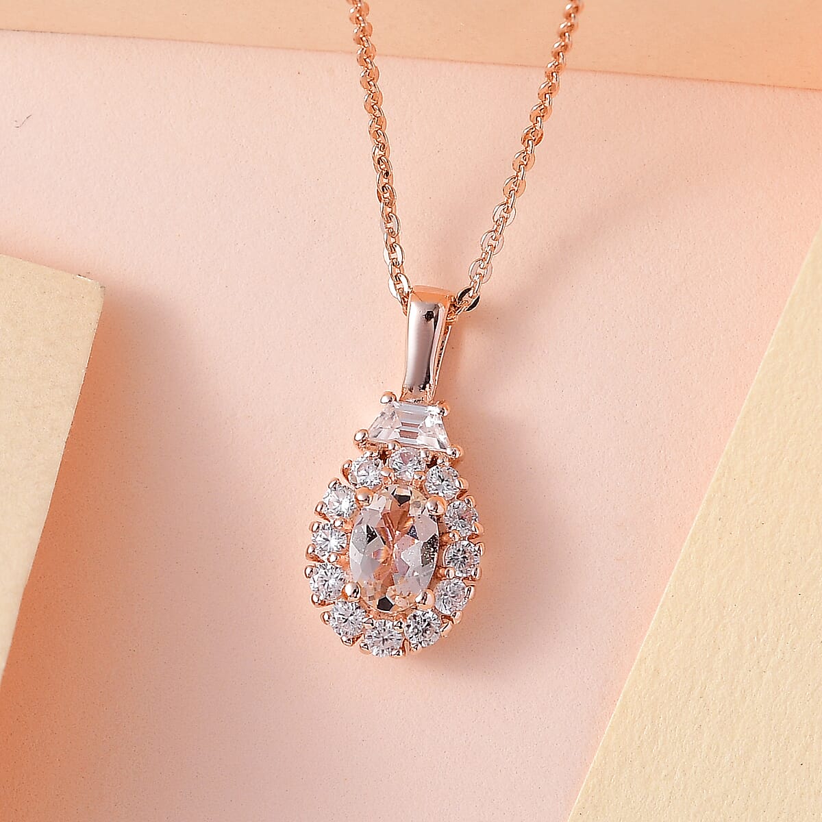 Marropino Morganite and White Zircon Halo Pendant Necklace 20 Inches in Vermeil Rose Gold Over Sterling Silver 1.15 ctw image number 1