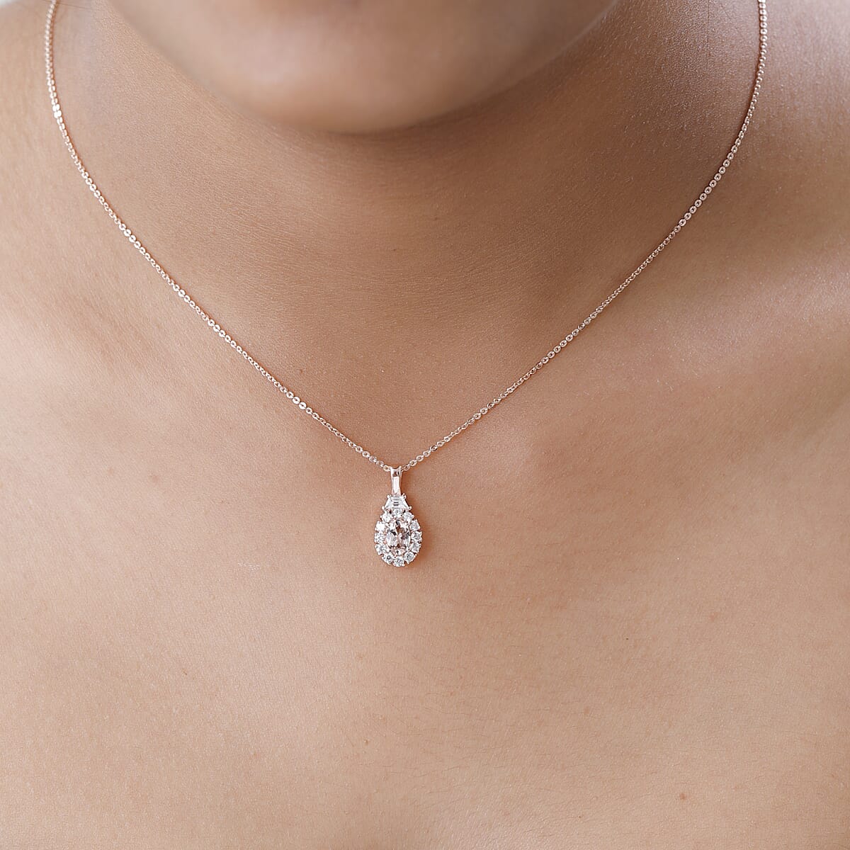 Marropino Morganite and White Zircon Halo Pendant Necklace 20 Inches in Vermeil Rose Gold Over Sterling Silver 1.15 ctw image number 2