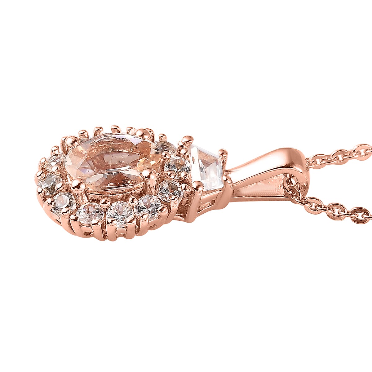 Marropino Morganite and White Zircon Halo Pendant Necklace 20 Inches in Vermeil Rose Gold Over Sterling Silver 1.15 ctw image number 3