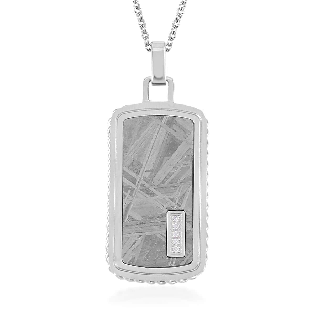 Marvelous Meteorite and Simulated Diamond Dog Tag Pendant Necklace 20 Inches in Stainless Steel 0.10 ctw image number 0