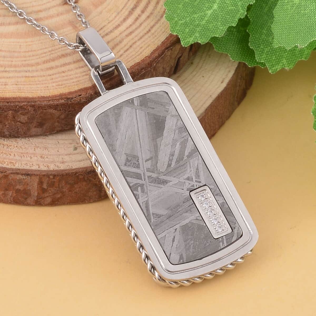 Marvelous Meteorite and Simulated Diamond Dog Tag Pendant Necklace 20 Inches in Stainless Steel 0.10 ctw image number 1