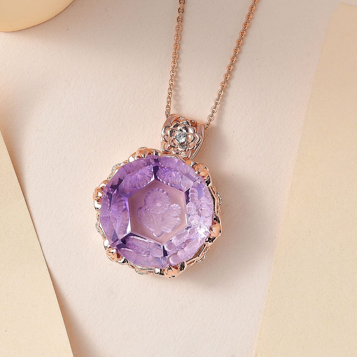 GP Italian Garden Collection Rose De France Amethyst and White Zircon Pendant Necklace 20 Inches in Vermeil Rose Gold Over Sterling Silver 22.65 ctw image number 1