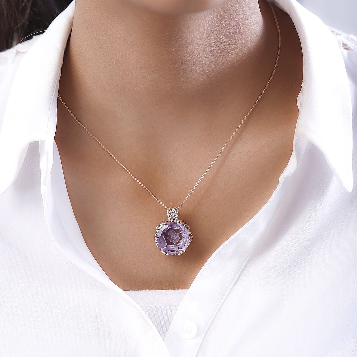 GP Italian Garden Collection Rose De France Amethyst and White Zircon Pendant Necklace 20 Inches in Vermeil Rose Gold Over Sterling Silver 22.65 ctw image number 2