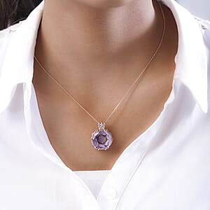 GP Italian Garden Collection Rose De France Amethyst and White Zircon Pendant Necklace 20 Inches in Vermeil Rose Gold Over Sterling Silver 22.65 ctw