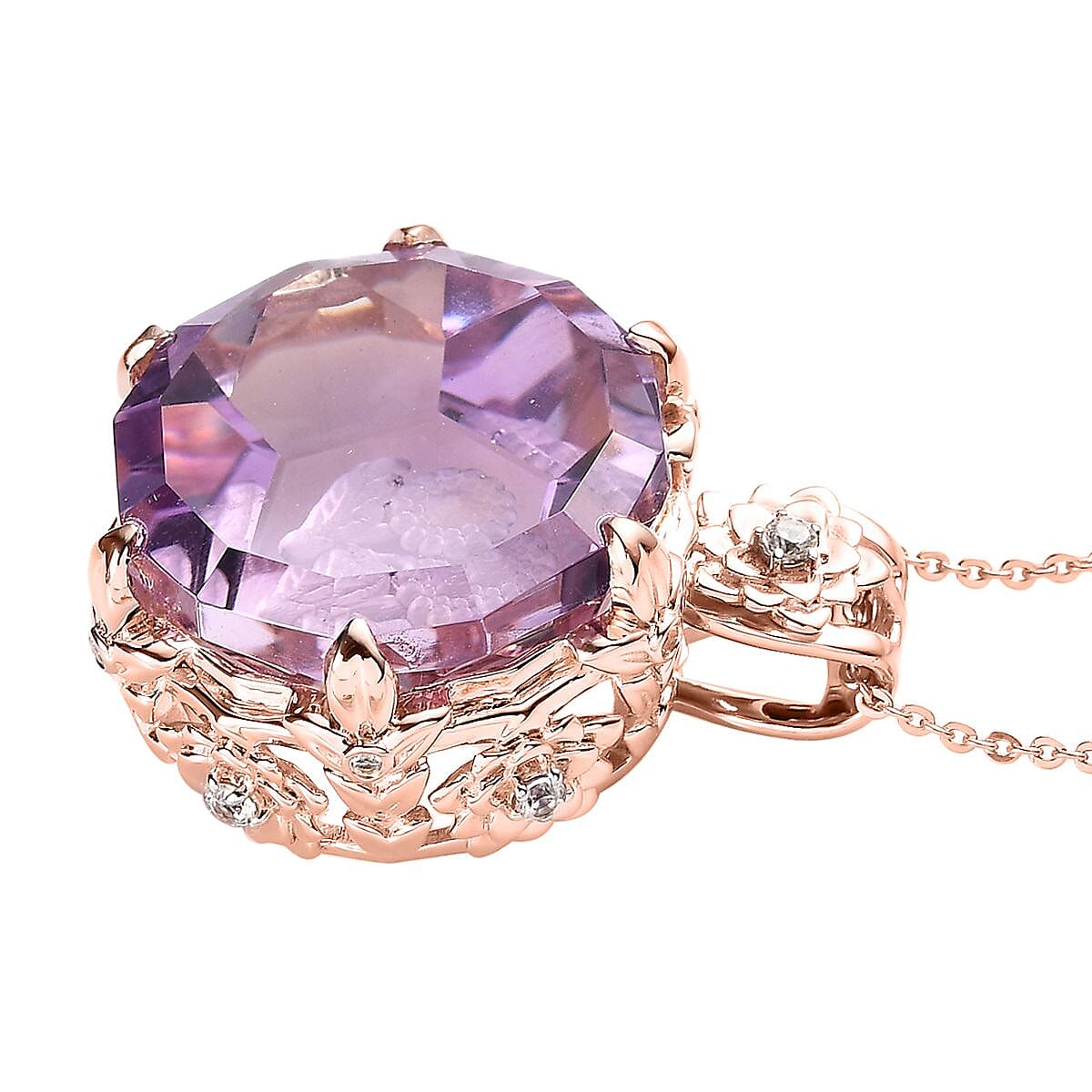 GP Italian Garden Collection Rose De France Amethyst and White Zircon Pendant Necklace 20 Inches in Vermeil Rose Gold Over Sterling Silver 22.65 ctw image number 3