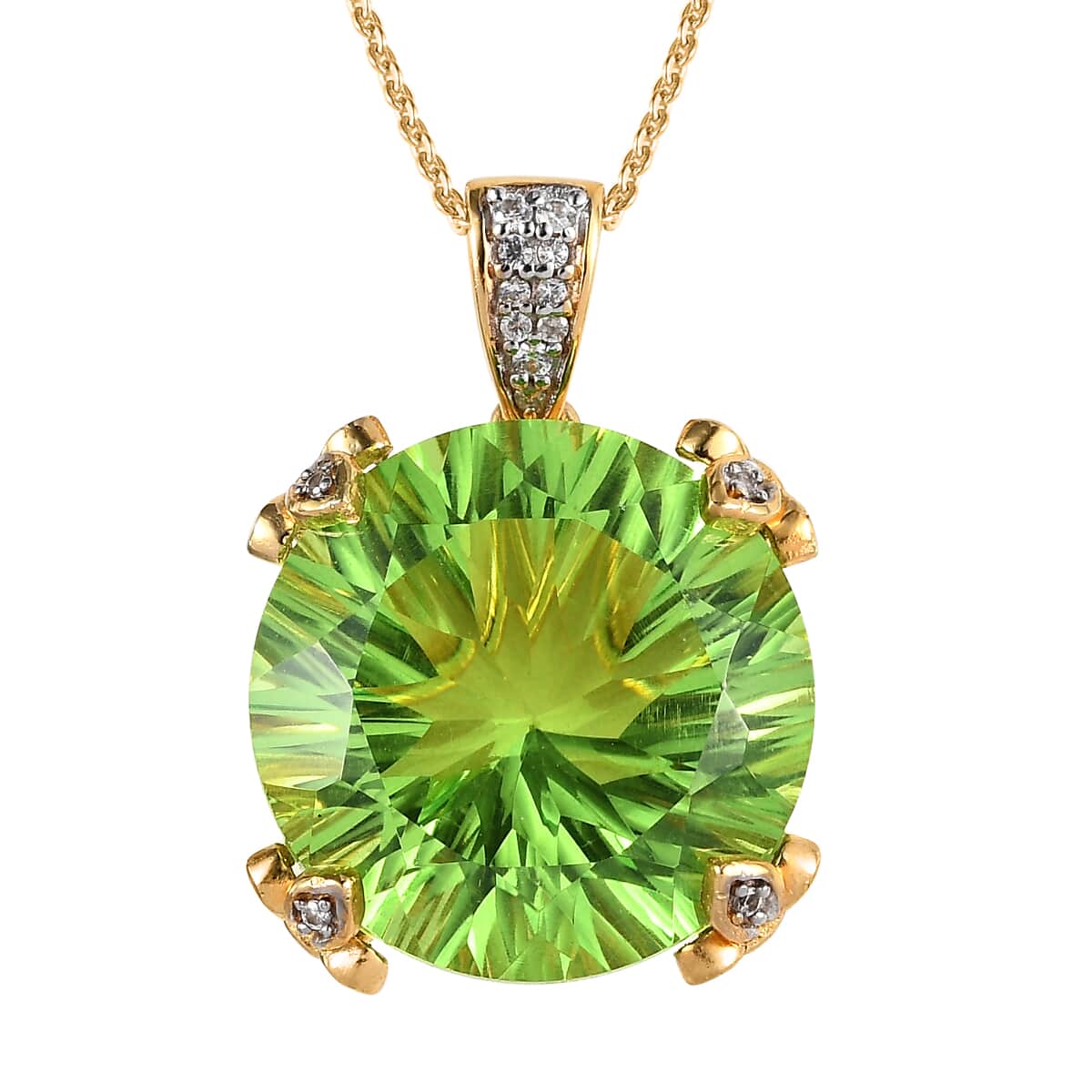 Concave Cut Chartreuse Quartz, White Zircon Pendant Necklace (20 Inches) in Vermeil YG Over Sterling Silver image number 0