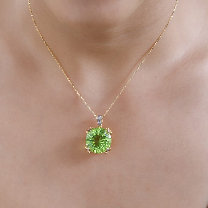 Concave Cut Chartreuse Quartz, White Zircon Pendant Necklace (20 Inches) in Vermeil YG Over Sterling Silver