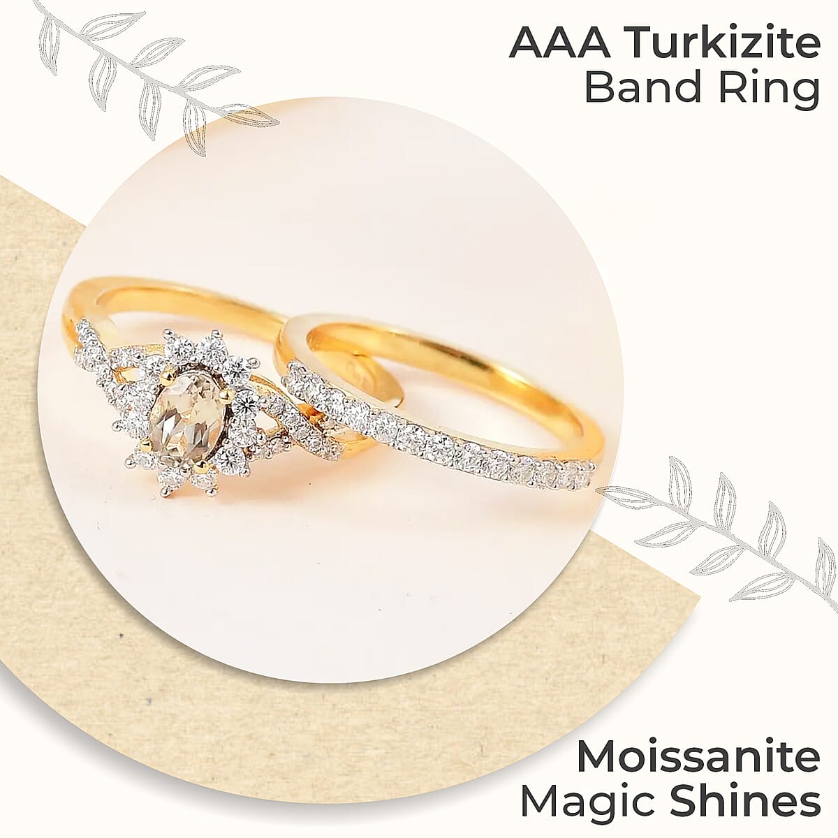 Set of 2 Stackable Rings (Size 7.0), AAA Turkizite Ring, Moissanite Half Eternity Band Ring, Vermeil Yellow Gold Over Sterling Silver Ring, Turkizite Sunburst Ring, Moissanite Ring 1.25 ctw image number 1