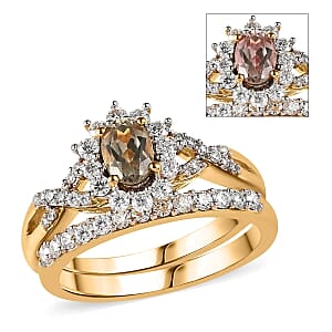 Set of 2 Stackable Rings, AAA Turkizite Ring, Moissanite Half Eternity Band Ring, Vermeil Yellow Gold Over Sterling Silver Ring, Turkizite Sunburst Ring, Moissanite Ring 1.25 ctw
