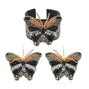 Set of 2 Black Seed Beaded Butterfly Cuff Bracelet and Earrings in Goldtone
