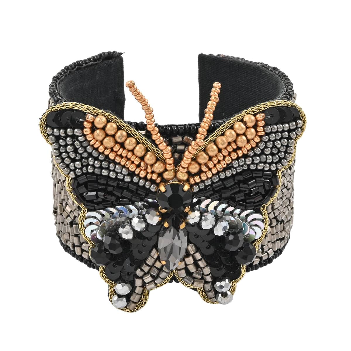 Set of 2 Black Seed Beaded Butterfly Cuff Bracelet and Earrings in Goldtone image number 2