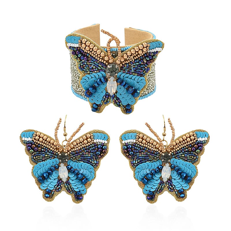 Set of 2 Turquoise Color and Blue Seed Beaded Butterfly Cuff Bracelet and Earrings in Goldtone