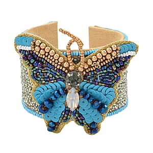 Set of 2 Turquoise Color and Blue Seed Beaded Butterfly Cuff Bracelet and Earrings in Goldtone