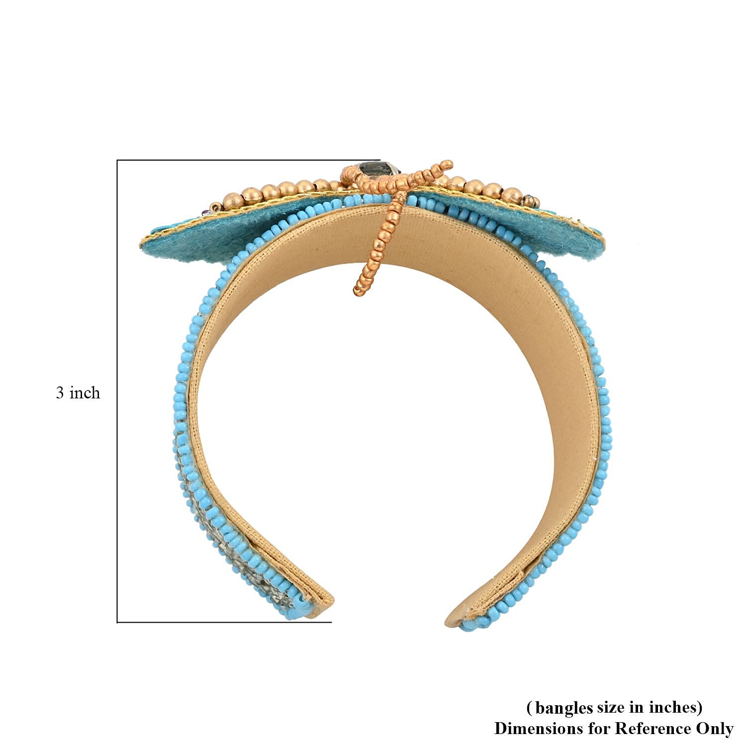 Set of 2 Turquoise Color and Blue Seed Beaded Butterfly Cuff Bracelet and Earrings in Goldtone