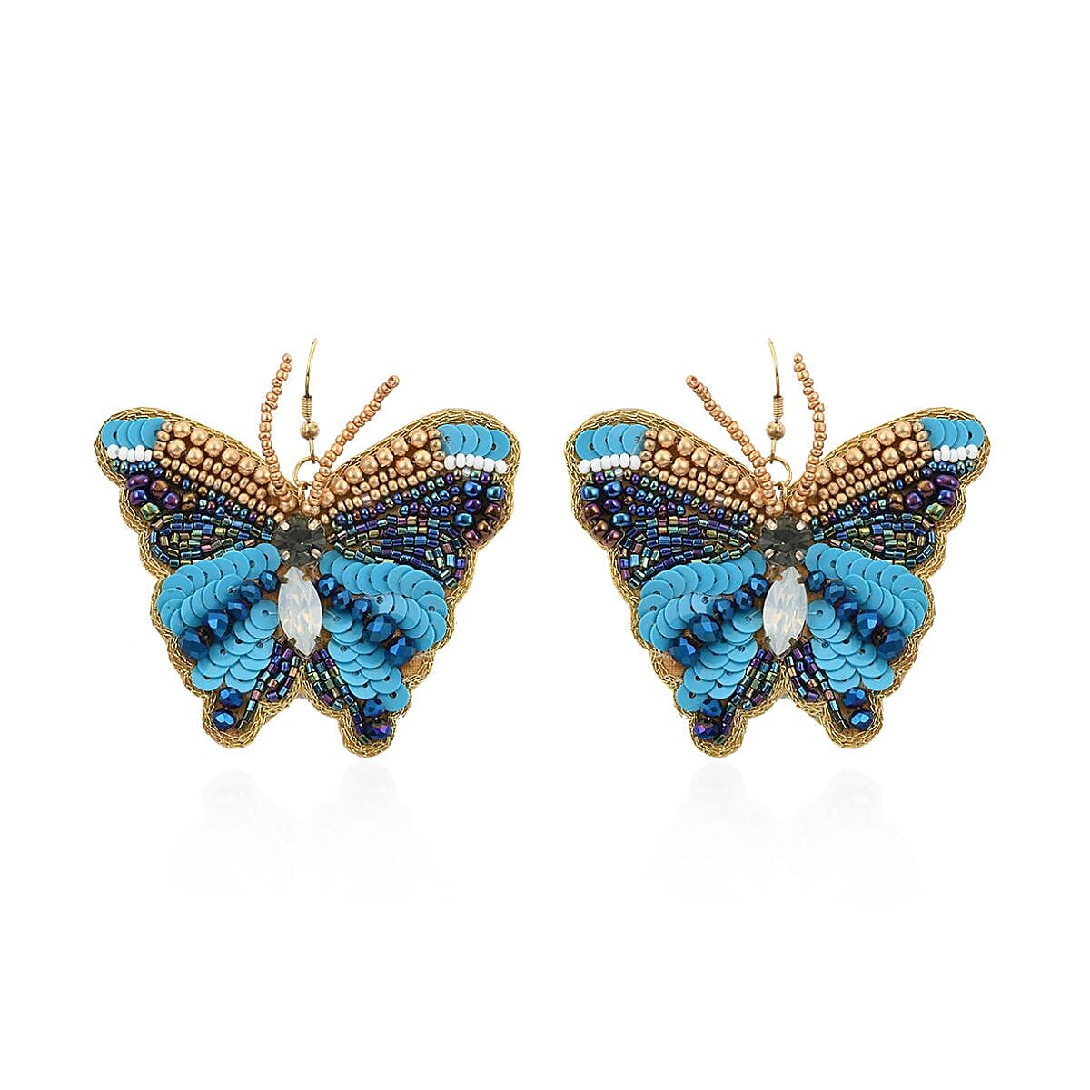 Set of 2 Turquoise Color and Blue Seed Beaded Butterfly Cuff Bracelet and Earrings in Goldtone