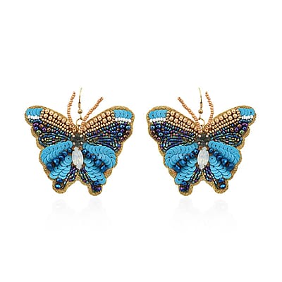 Set of 2 Turquoise Color and Blue Seed Beaded Butterfly Cuff Bracelet and Earrings in Goldtone