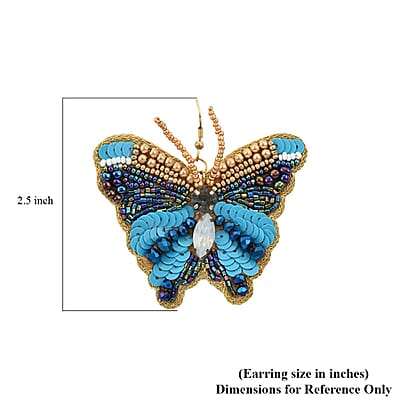 Set of 2 Turquoise Color and Blue Seed Beaded Butterfly Cuff Bracelet and Earrings in Goldtone