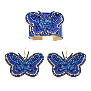 Set of 2 Blue Seed Beaded Butterfly Cuff Bracelet and Earrings in Goldtone