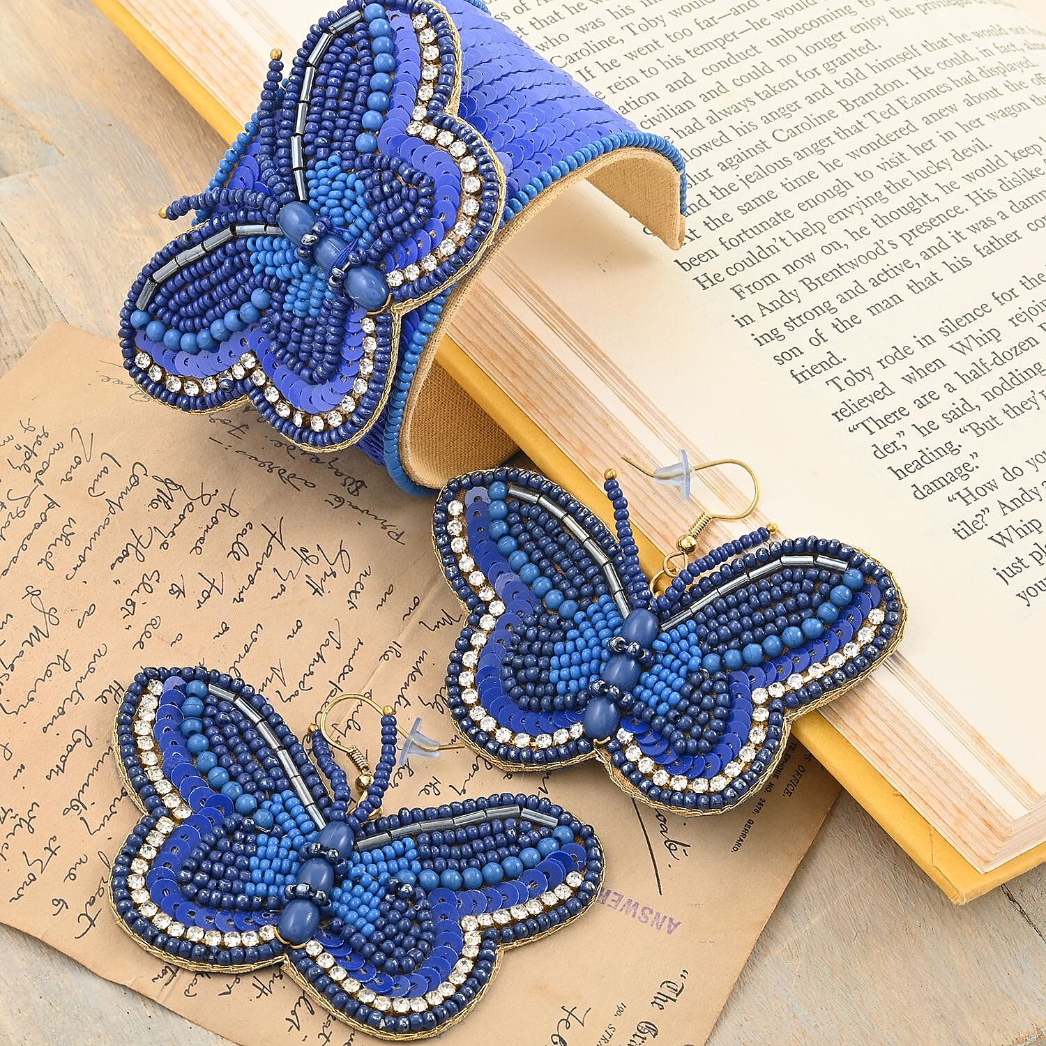 Set of 2 Blue Seed Beaded Butterfly Cuff Bracelet and Earrings in Goldtone