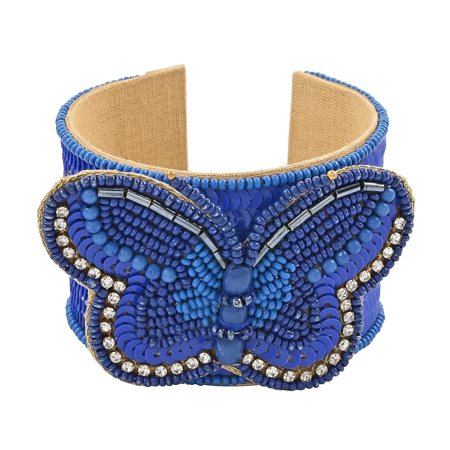 Set of 2 Blue Seed Beaded Butterfly Cuff Bracelet and Earrings in Goldtone