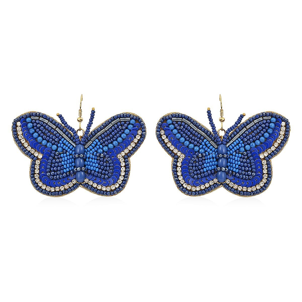 Set of 2 Blue Seed Beaded Butterfly Cuff Bracelet and Earrings in Goldtone