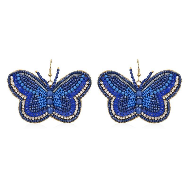 Set of 2 Blue Seed Beaded Butterfly Cuff Bracelet and Earrings in Goldtone
