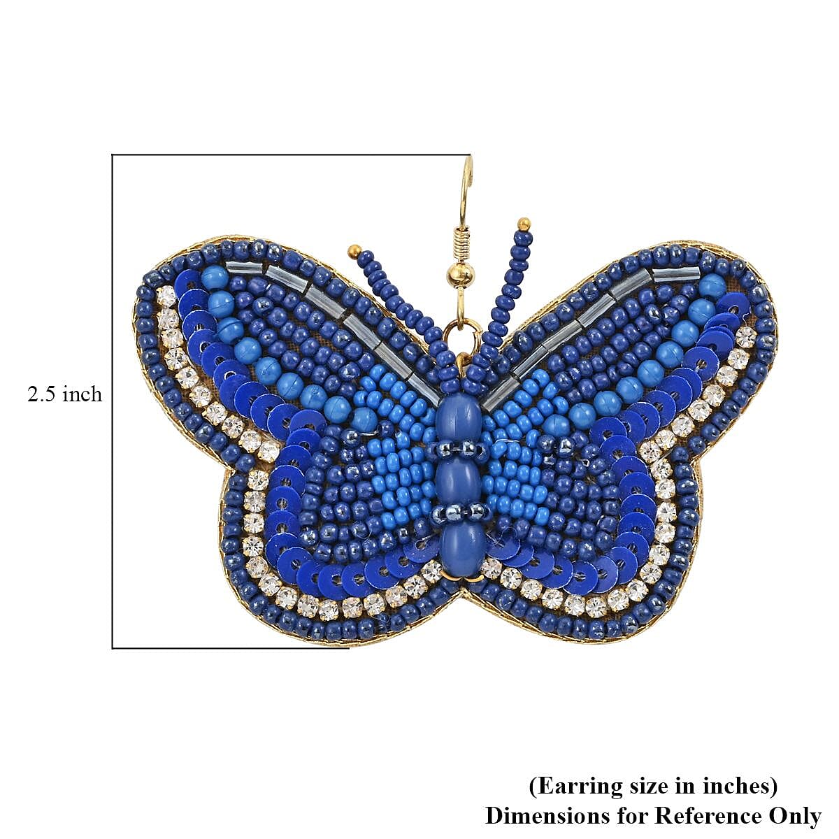 Set of 2 Blue Seed Beaded Butterfly Cuff Bracelet and Earrings in Goldtone