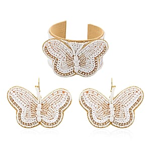 Set of 2 White Seed Beaded Butterfly Cuff Bracelet and Earrings in Goldtone
