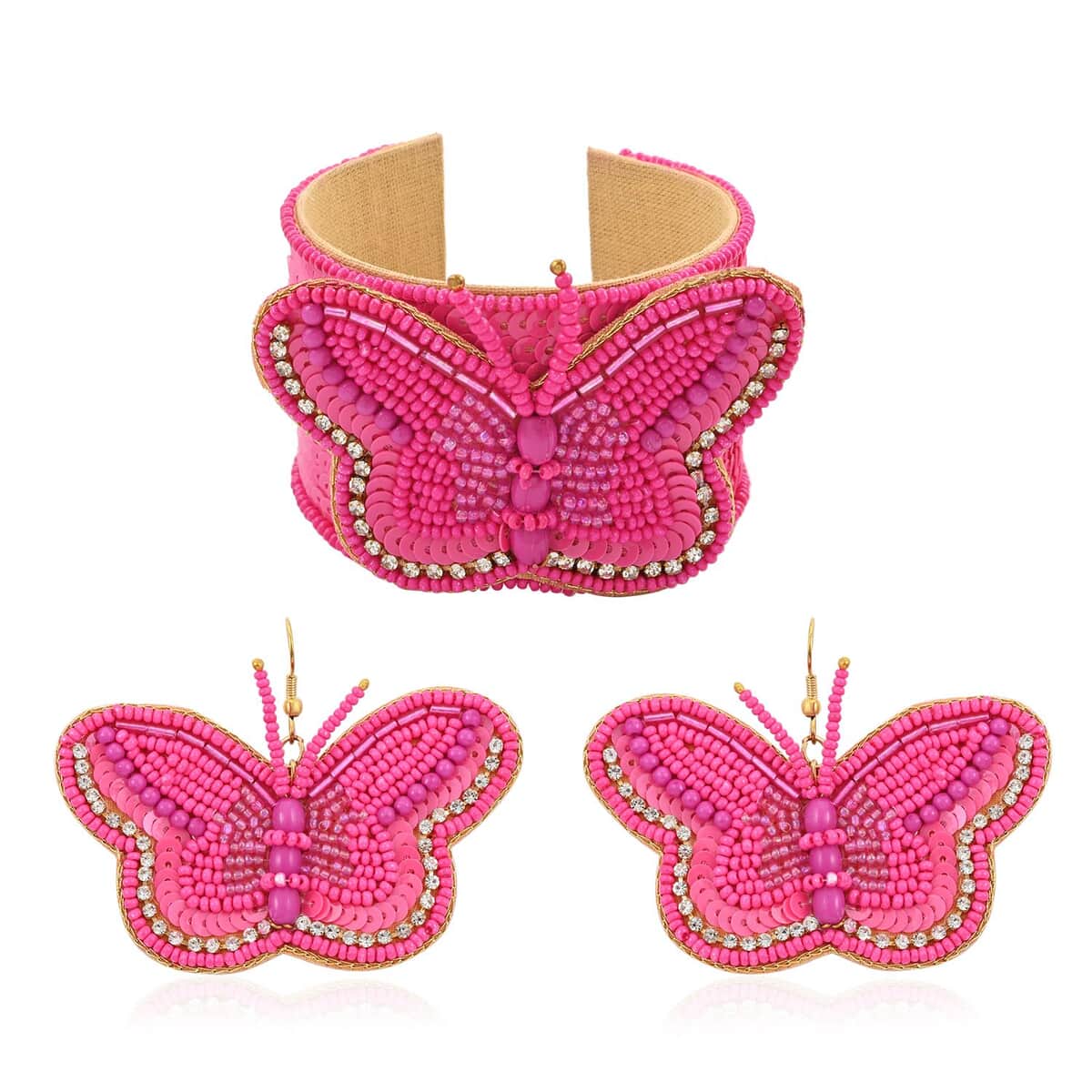 Set of 2 Fuchsia Seed Beaded Butterfly Cuff Bracelet and Earrings in Goldtone image number 0