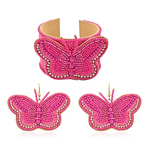 Set of 2 Fuchsia Seed Beaded Butterfly Cuff Bracelet and Earrings in Goldtone