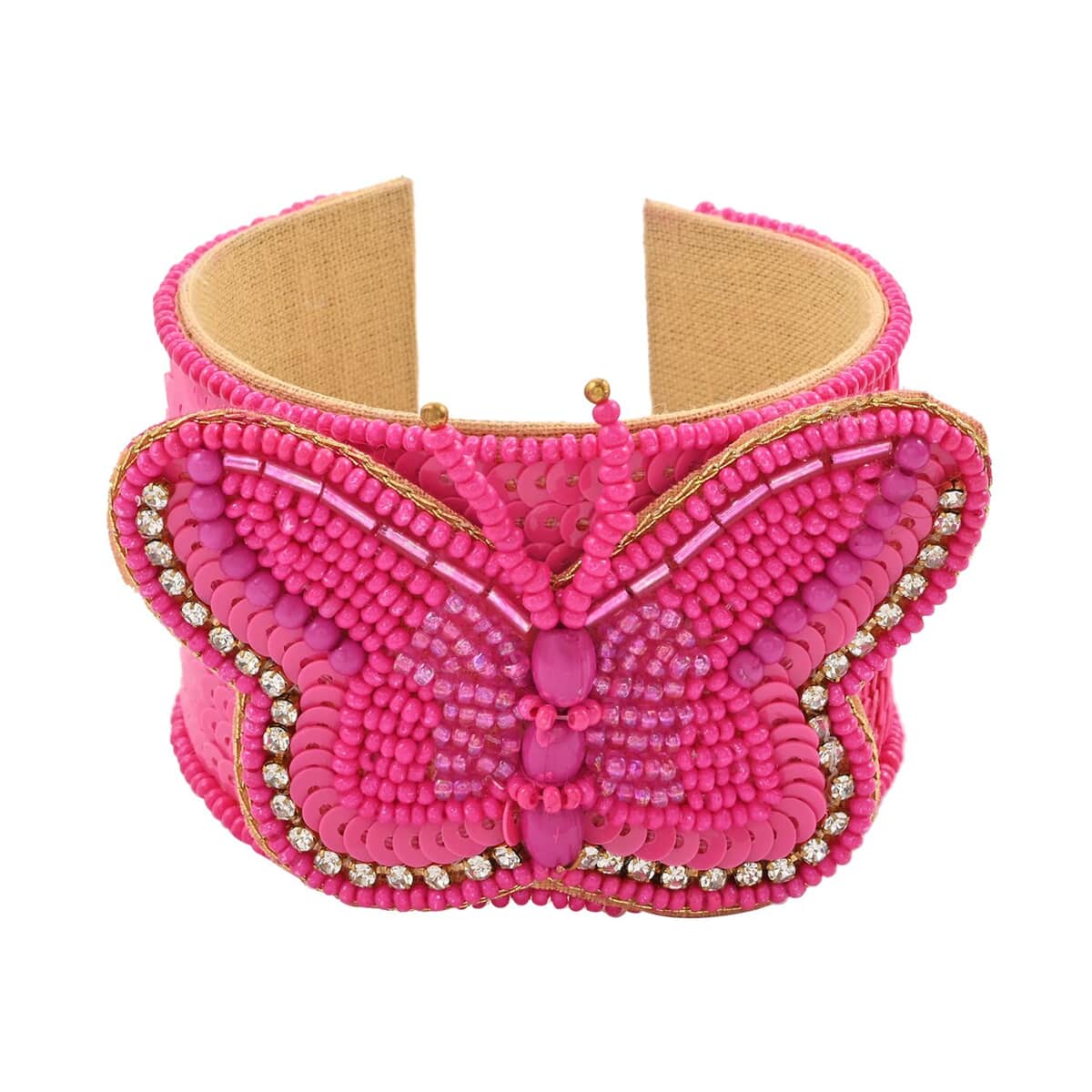 Set of 2 Fuchsia Seed Beaded Butterfly Cuff Bracelet and Earrings in Goldtone image number 2