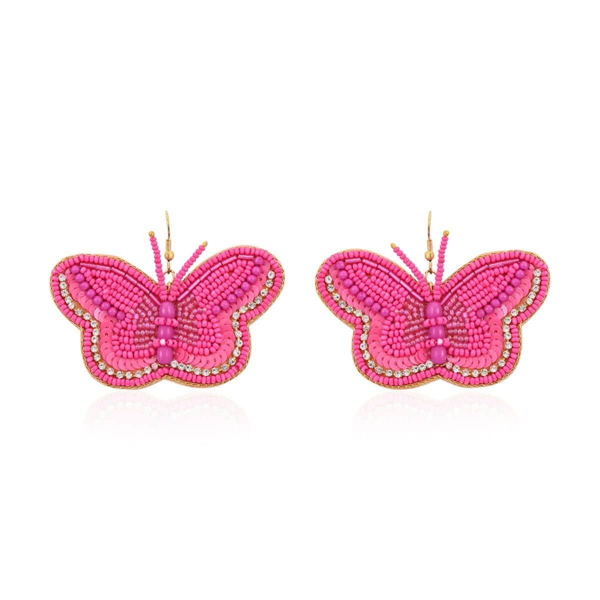 Set of 2 Fuchsia Seed Beaded Butterfly Cuff Bracelet and Earrings in Goldtone image number 4