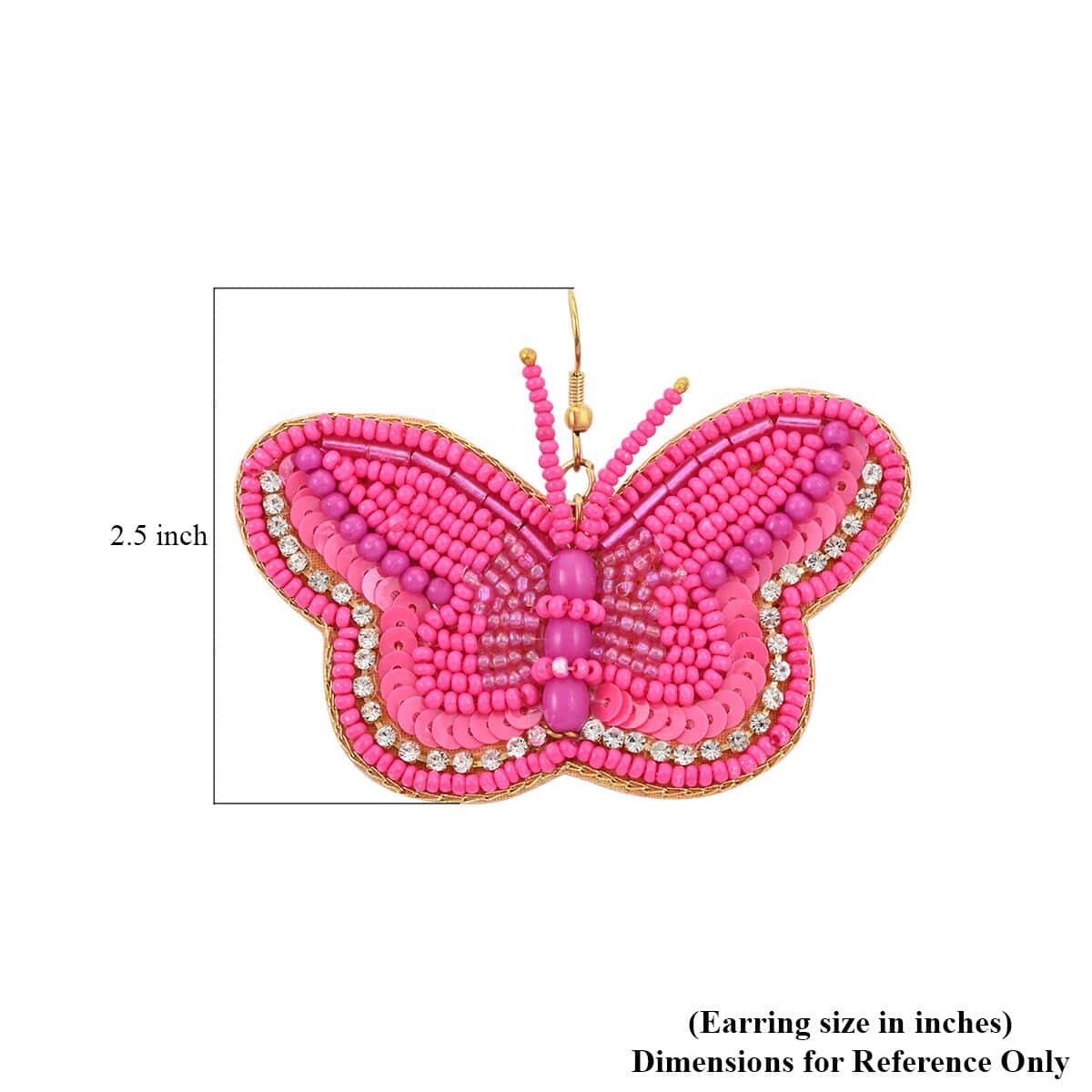 Set of 2 Fuchsia Seed Beaded Butterfly Cuff Bracelet and Earrings in Goldtone image number 5