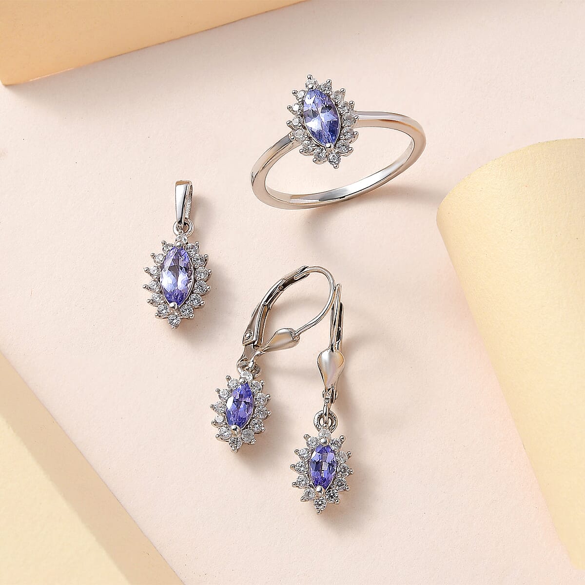 Tanzanite Jewelry Set | Sunburst Jewelry Set | White Zircon Accent Jewelry Set | Sunburst Earrings, Sunburst Ring and Sunburst Pendant |Platinum Over Sterling Silver Jewelry Set 2.60 ctw image number 1