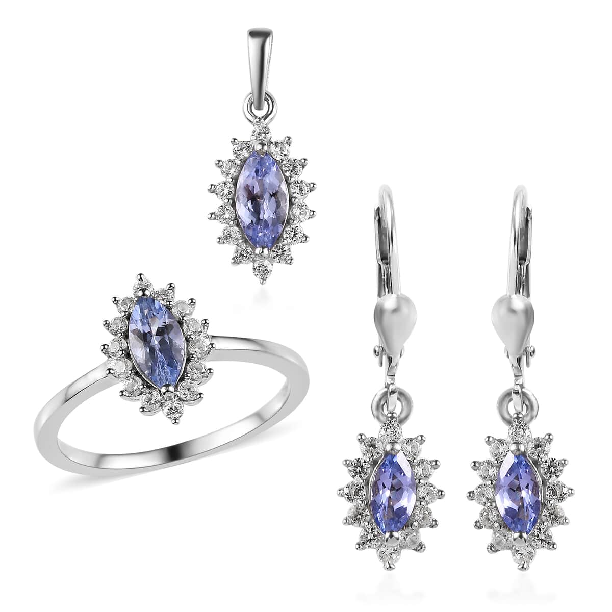 Tanzanite Jewelry Set | Sunburst Jewelry Set | White Zircon Accent Jewelry Set | Sunburst Earrings, Sunburst Ring and Sunburst Pendant |Platinum Over Sterling Silver Jewelry Set 2.60 ctw image number 0