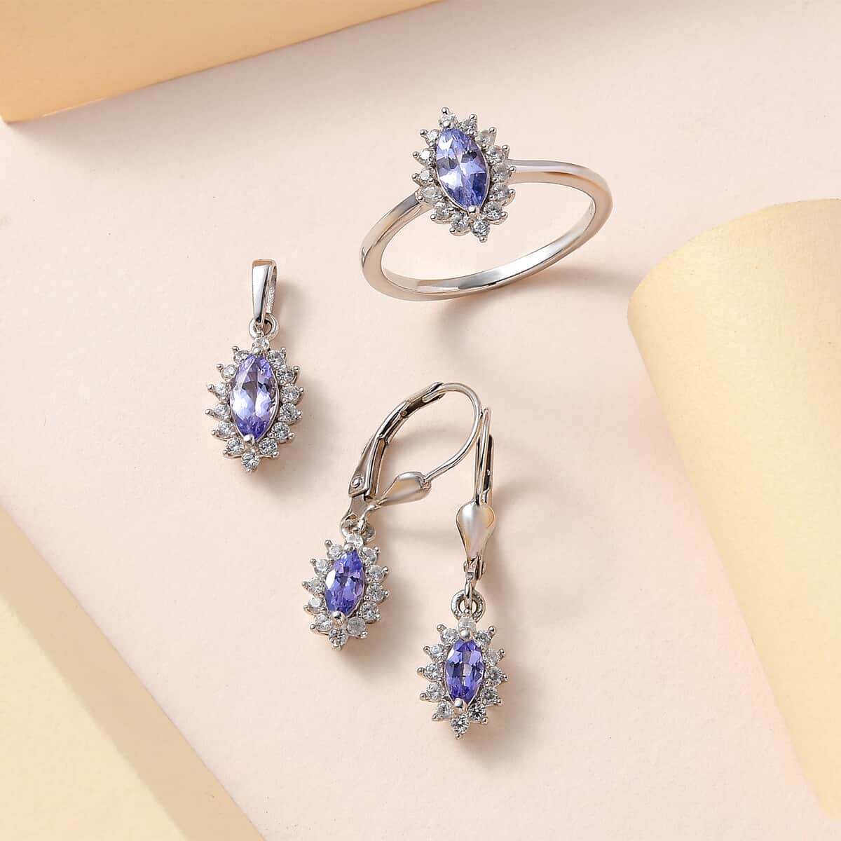 Tanzanite Jewelry Set | Sunburst Jewelry Set | White Zircon Accent Jewelry Set | Sunburst Earrings, Sunburst Ring and Sunburst Pendant |Platinum Over Sterling Silver Jewelry Set 2.60 ctw image number 1