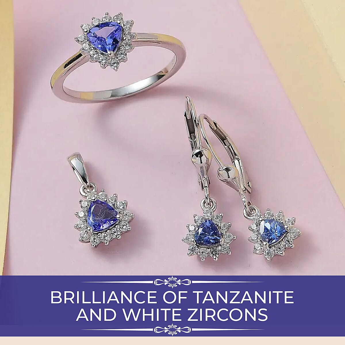 Tanzanite Jewelry Set | Sunburst Jewelry Set | White Zircon Accent Jewelry Set | Sunburst Earrings, Sunburst Ring and Sunburst Pendant |Platinum Over Sterling Silver Jewelry Set 2.15 ctw image number 1