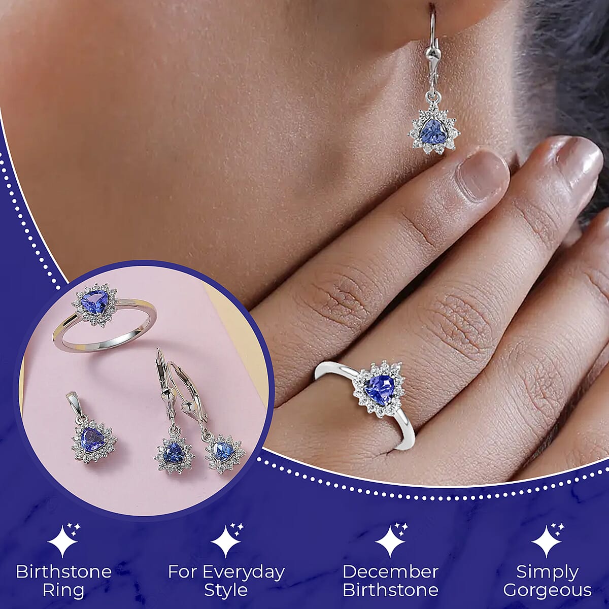 Tanzanite Jewelry Set | Sunburst Jewelry Set | White Zircon Accent Jewelry Set | Sunburst Earrings, Sunburst Ring and Sunburst Pendant |Platinum Over Sterling Silver Jewelry Set 2.15 ctw image number 2