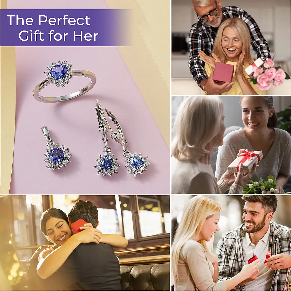 Tanzanite Jewelry Set | Sunburst Jewelry Set | White Zircon Accent Jewelry Set | Sunburst Earrings, Sunburst Ring and Sunburst Pendant |Platinum Over Sterling Silver Jewelry Set 2.15 ctw image number 3