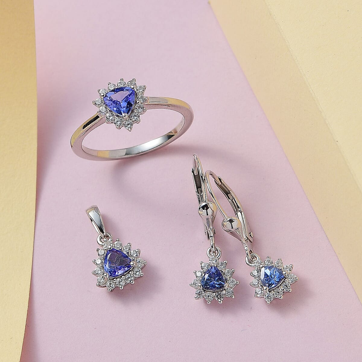 Tanzanite Jewelry Set | Sunburst Jewelry Set | White Zircon Accent Jewelry Set | Sunburst Earrings, Sunburst Ring and Sunburst Pendant |Platinum Over Sterling Silver Jewelry Set 2.15 ctw image number 1