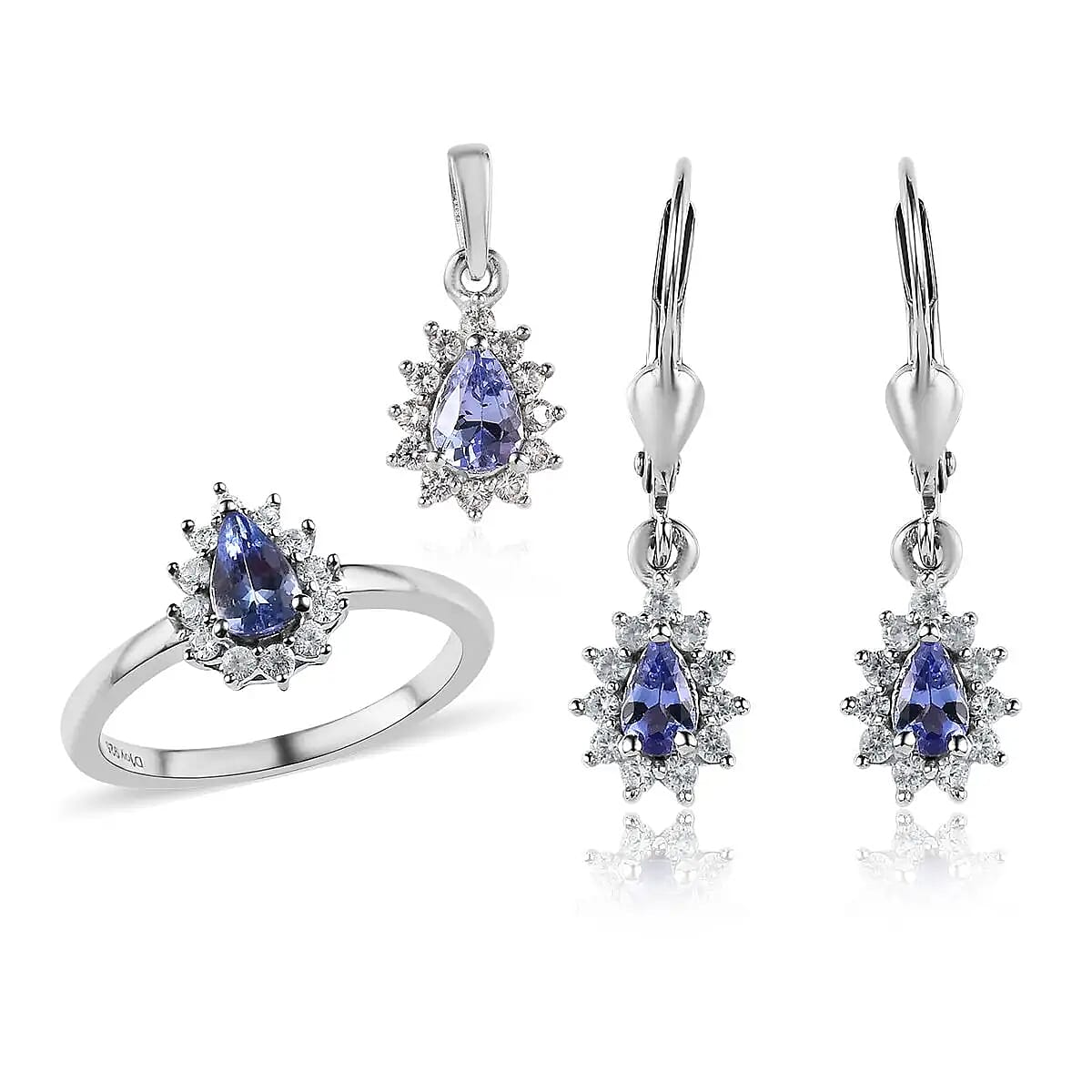 Tanzanite Jewelry Set, Sunburst Jewelry Set, White Zircon Accent Jewelry Set, Sunburst Earrings, Sunburst Ring and Sunburst Pendant, Platinum Over Sterling Silver Jewelry Set 2.00 ctw image number 0