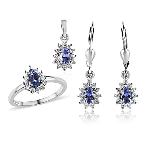 Tanzanite Jewelry Set, Sunburst Jewelry Set, White Zircon Accent Jewelry Set, Sunburst Earrings, Sunburst Ring and Sunburst Pendant, Platinum Over Sterling Silver Jewelry Set 2.00 ctw