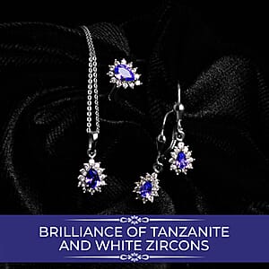 Tanzanite Jewelry Set, Sunburst Jewelry Set, White Zircon Accent Jewelry Set, Sunburst Earrings, Sunburst Ring and Sunburst Pendant, Platinum Over Sterling Silver Jewelry Set 2.00 ctw