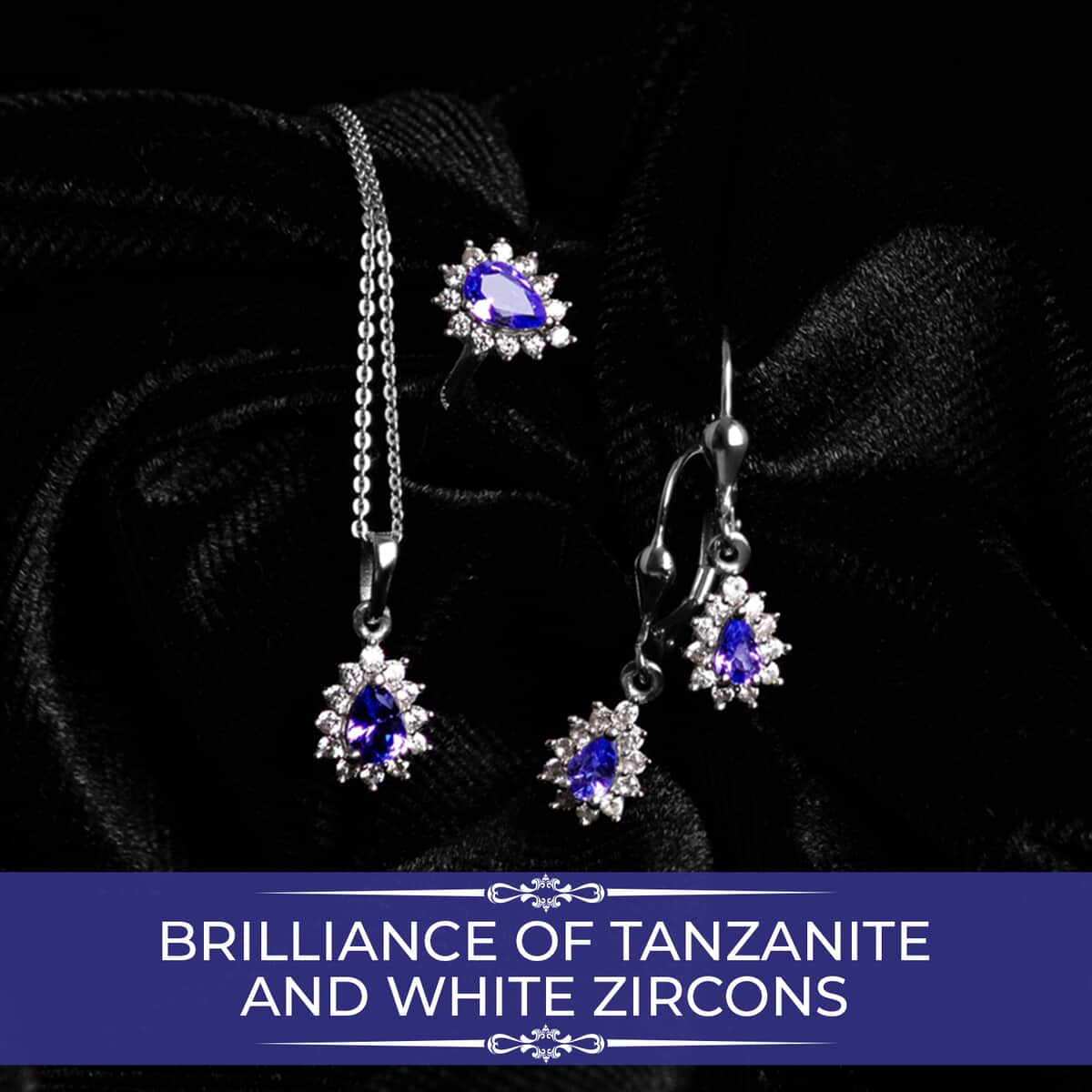 Tanzanite Jewelry Set, Sunburst Jewelry Set, White Zircon Accent Jewelry Set, Sunburst Earrings, Sunburst Ring and Sunburst Pendant, Platinum Over Sterling Silver Jewelry Set 2.00 ctw image number 1