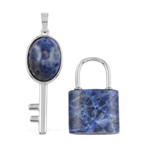 Dark Blue Sodalite Set of 2 Lock and Key Pendant in Silvertone 26.45 ctw