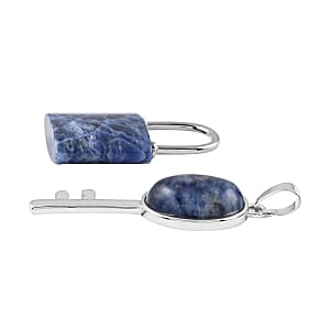 Dark Blue Sodalite Set of 2 Lock and Key Pendant in Silvertone 26.45 ctw