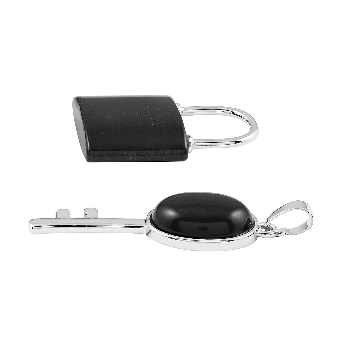 Black Onyx Set of 2 Lock and Key Pendant in Silvertone 26.45 ctw image number 3